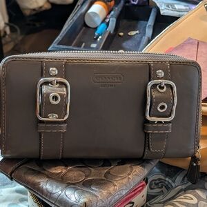 Coach Soho Zoe chocolate brown leather buckle zip-around wallet